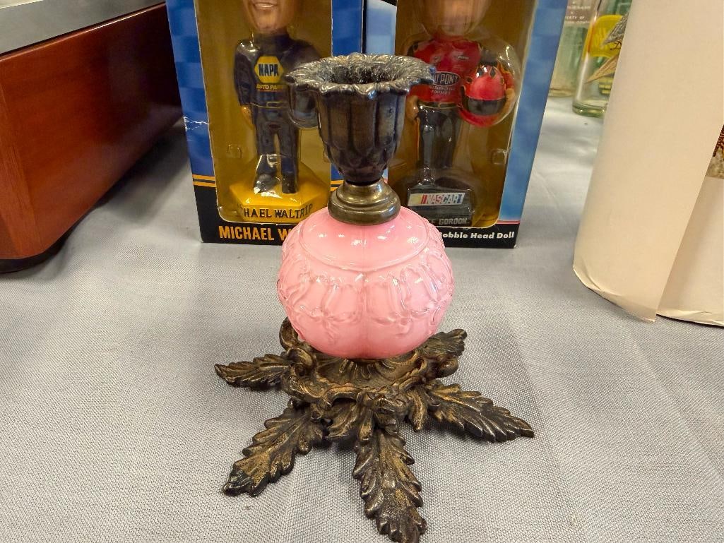 PINK CASE GLASS CENTER CANDLE HOLDER WITH METAL LEAF FOOTED BASE - 3