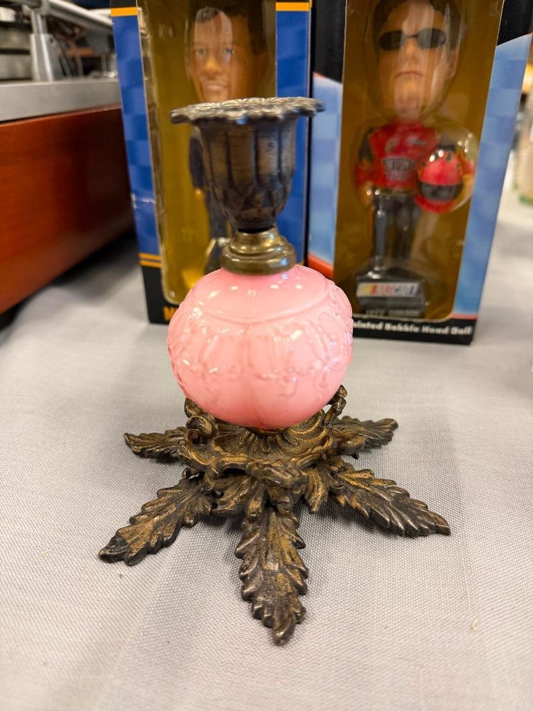 PINK CASE GLASS CENTER CANDLE HOLDER WITH METAL LEAF FOOTED BASE - 6