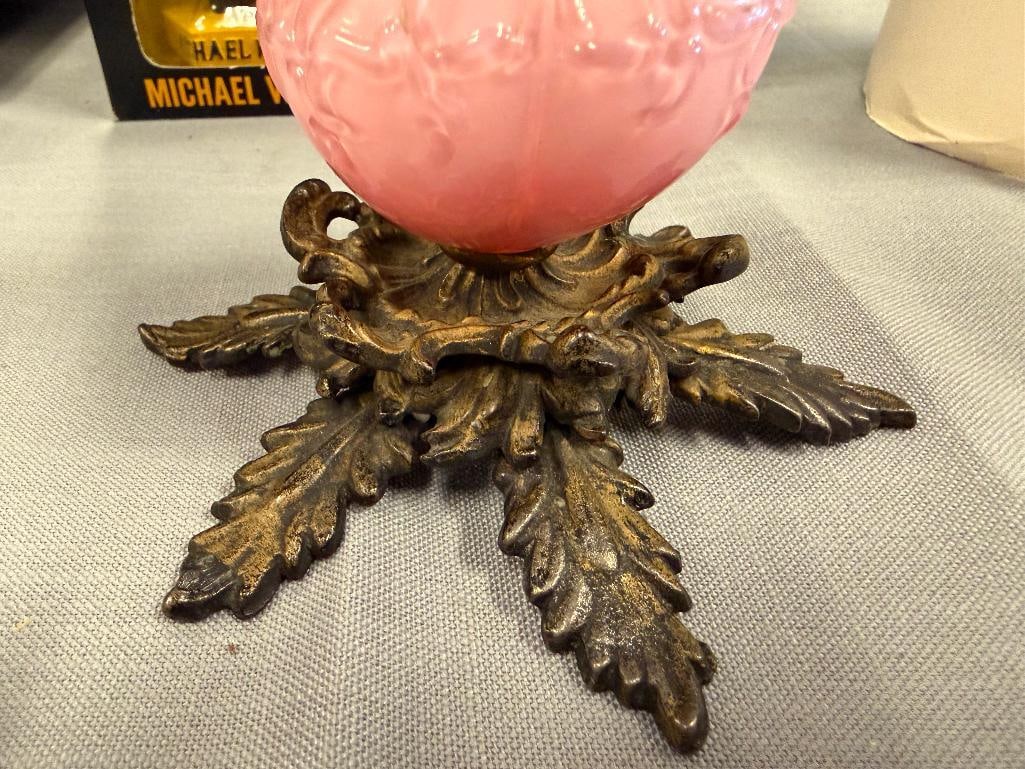 PINK CASE GLASS CENTER CANDLE HOLDER WITH METAL LEAF FOOTED BASE - 7