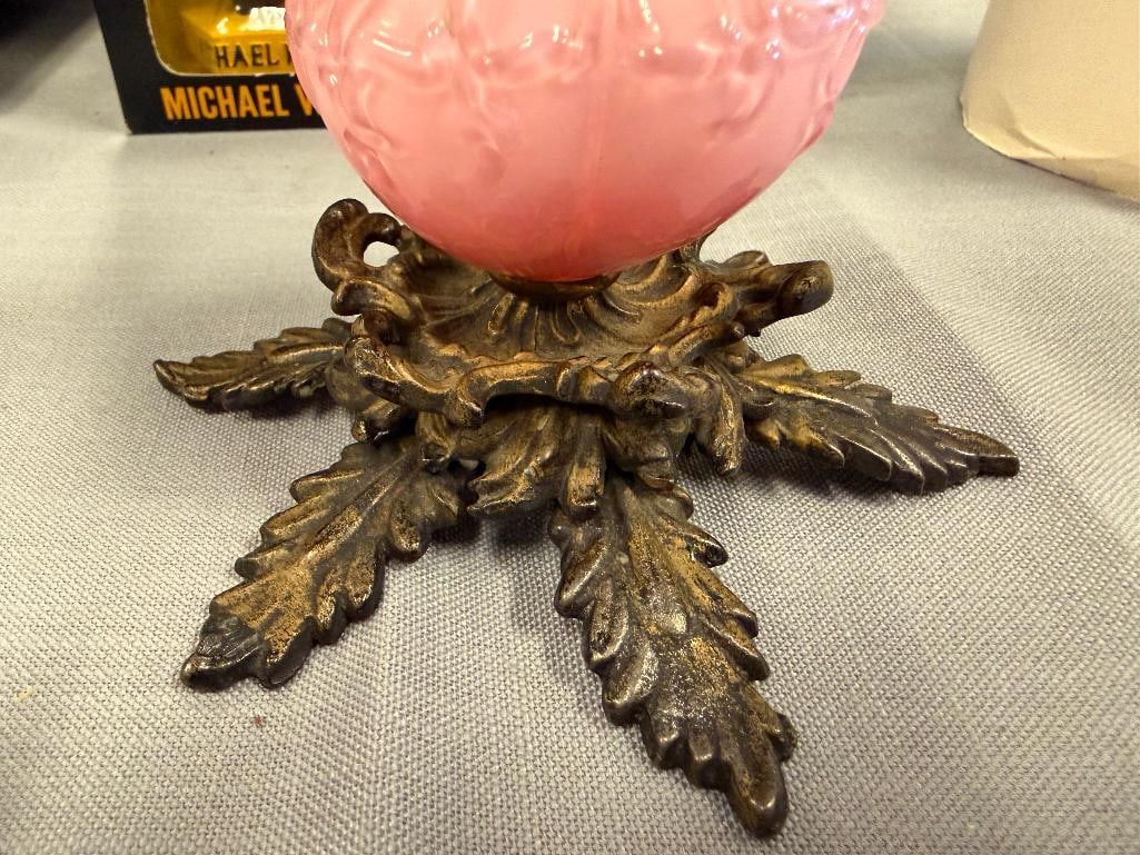 PINK CASE GLASS CENTER CANDLE HOLDER WITH METAL LEAF FOOTED BASE - 8