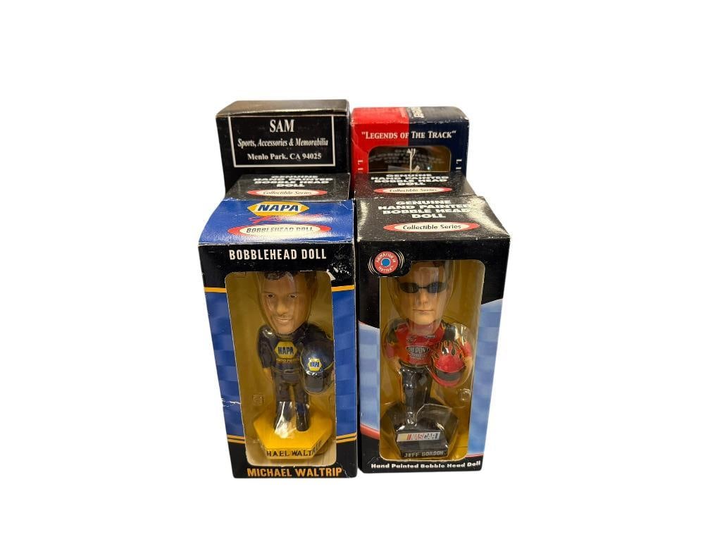 NASCAR SUPERSTARS FIGURAL BOBBLE HEADS JEFF GORDON, MICHAEL WALTRIP, TONY STEWART, RUSTY WALLACE: TOTAL OF SIX BOBBLEHEADS IN THEIR ORIGINAL BOX, INCLUDES BILL ELLIOTT LIMITED EDITION BOBBLEHEAD BY SAM'S 6 3/4" UP TO 8 1/2" H 