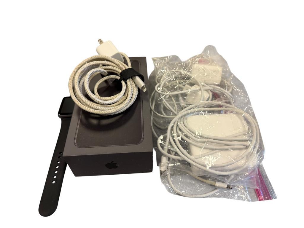 APPLE ELECTRONIC PRODUCTS SERIES 1 42MM SMART WATCH, IPHONE 8 PLUS BOX WITH CHARGER AND HEADPHONES: INCLUDES BAG OF MISC CHARGERS 