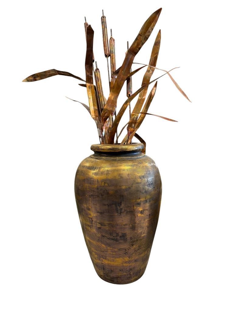 1964 LARGE S. SELIN HAND TURNED POTTERY VASE IN GOLD FINISH WITH COPPER CATTAILS: HAND TURNED POTTERY VASE WITH MICRO RIBBED DESIGN, SIGNED ON THE BOTTOM AND DATED, INCLUDED COPPER CATTAILS 16 1/2" H VASE, 35" H CATTAILS 