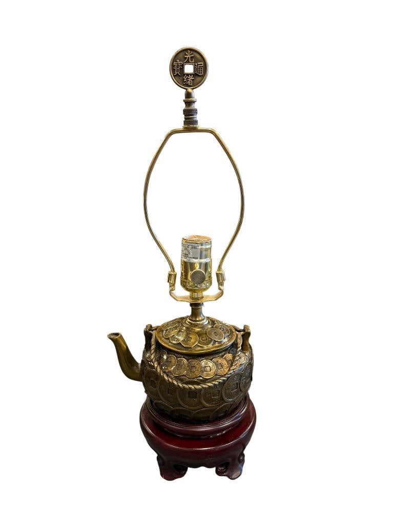 HEAVY METAL CHINESE COIN DESIGN TEAPOT LAMP WITH RESIN BASE: NO SHADE, TESTED + 17 1/2" H 