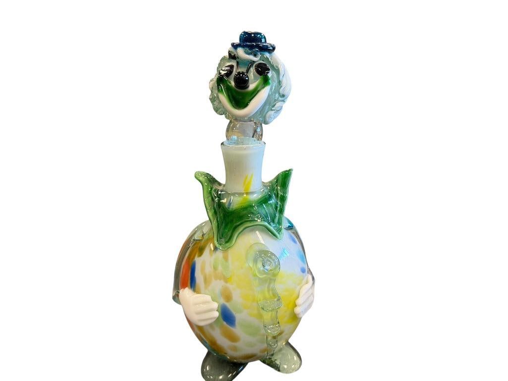 MID-20TH CENTURY HAND BLOWN ART GLASS CLOWN DECANTER POSSIBLY MURANO: COLORFUL CLOWN DECANTER, STOPPER HAS CHIPPED BOTTOM, NO OTHER DAMAGE 11" H 
