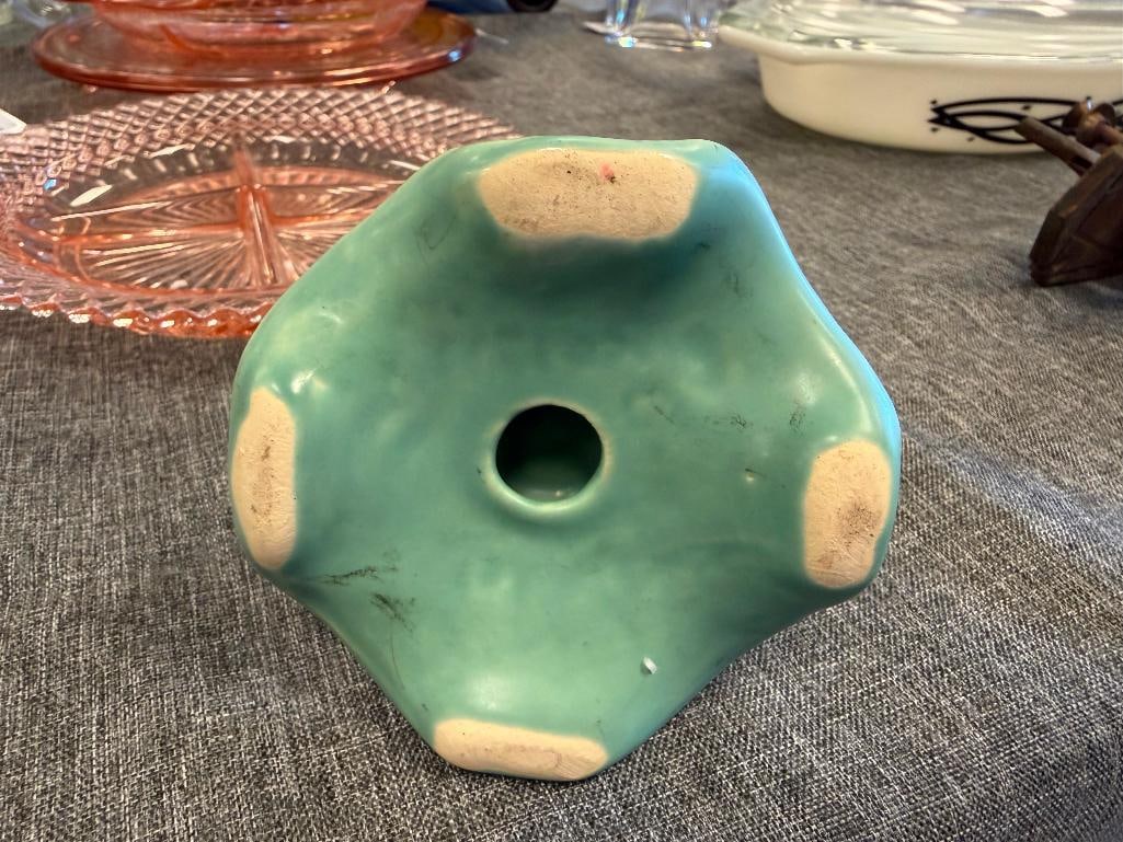 VINTAGE WELLER POTTERY EARLY 20TH CENTURY GREEN GLAZE CANDLESTICKS - 10