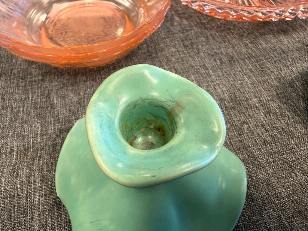 VINTAGE WELLER POTTERY EARLY 20TH CENTURY GREEN GLAZE CANDLESTICKS - 12