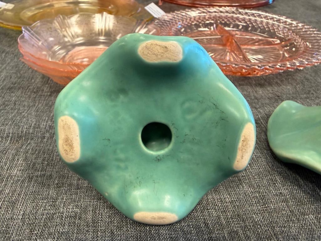 VINTAGE WELLER POTTERY EARLY 20TH CENTURY GREEN GLAZE CANDLESTICKS - 14