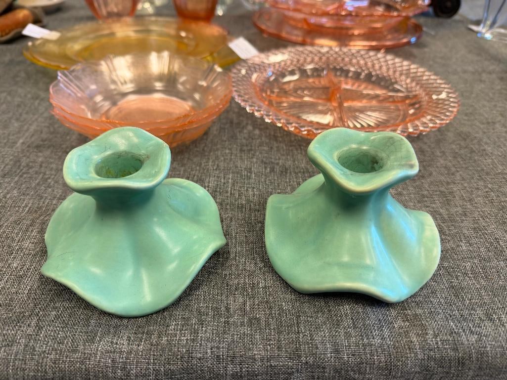 VINTAGE WELLER POTTERY EARLY 20TH CENTURY GREEN GLAZE CANDLESTICKS - 3