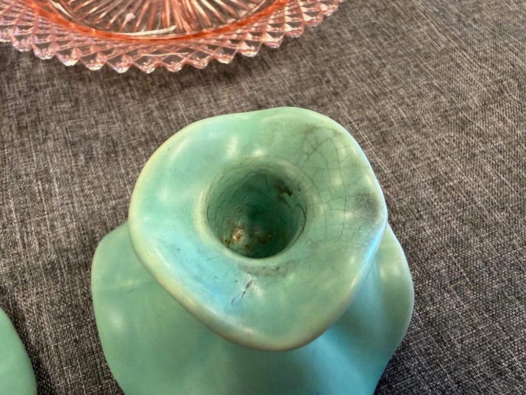 VINTAGE WELLER POTTERY EARLY 20TH CENTURY GREEN GLAZE CANDLESTICKS - 5