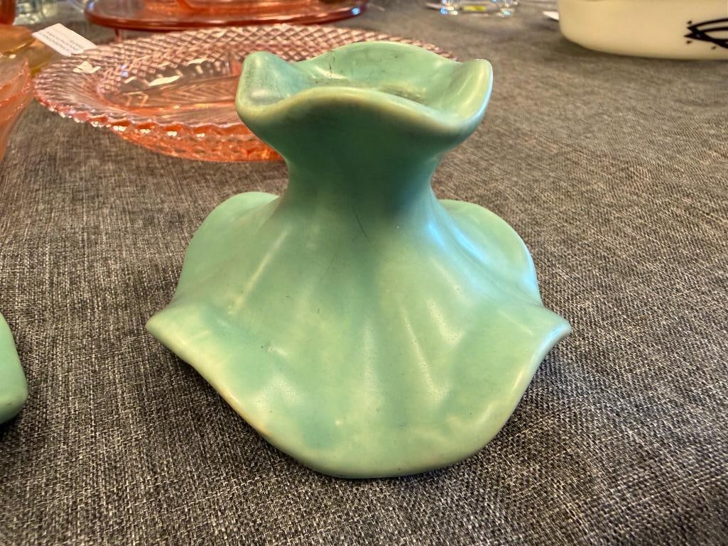 VINTAGE WELLER POTTERY EARLY 20TH CENTURY GREEN GLAZE CANDLESTICKS - 7