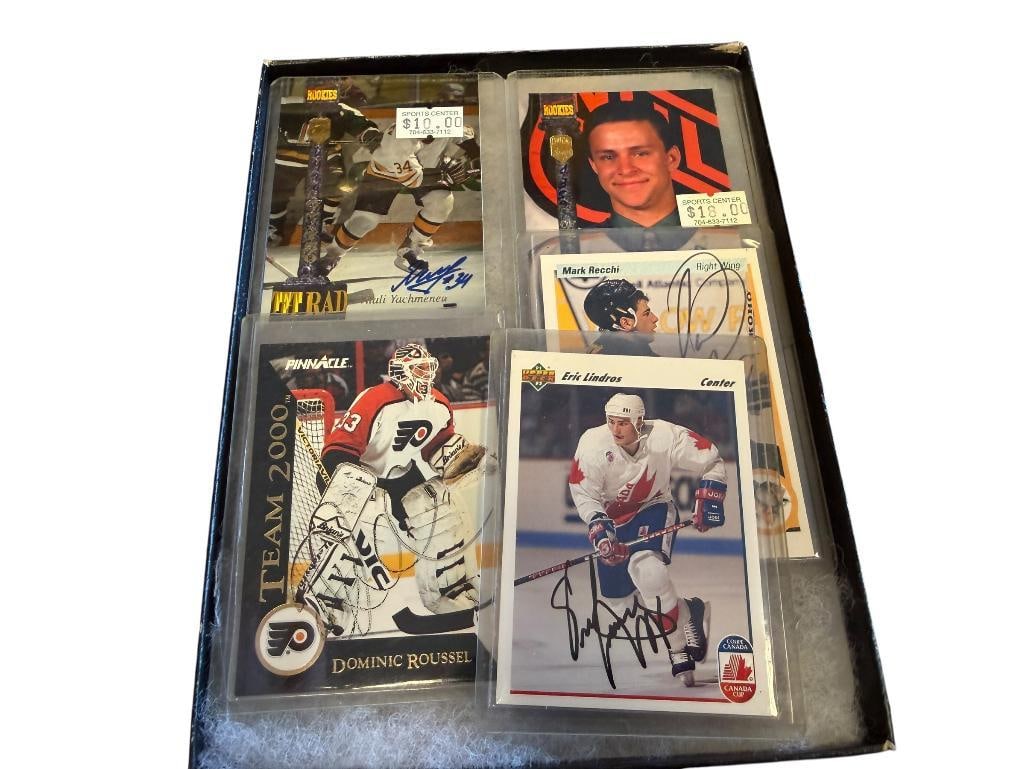 FIVE AUTOGRAPHED HOCKEY PLAYER CARDS ERIC LINDROS, DOMINIC ROUSSEL, MARK RECCHI: PLUS SERGEI KLIMENTIEV AND VITALI YACHMENEU, ALL IN PROTECTIVE SLEEVES 