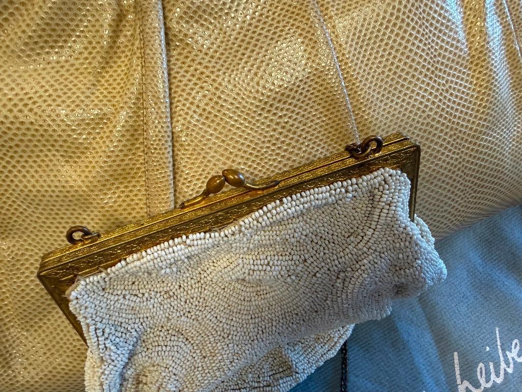 VINTAGE 1980'S JUDITH LEIBER SNAKESKIN CLUTCH AND VINTAGE FINE BEADED CLUTCH - 9
