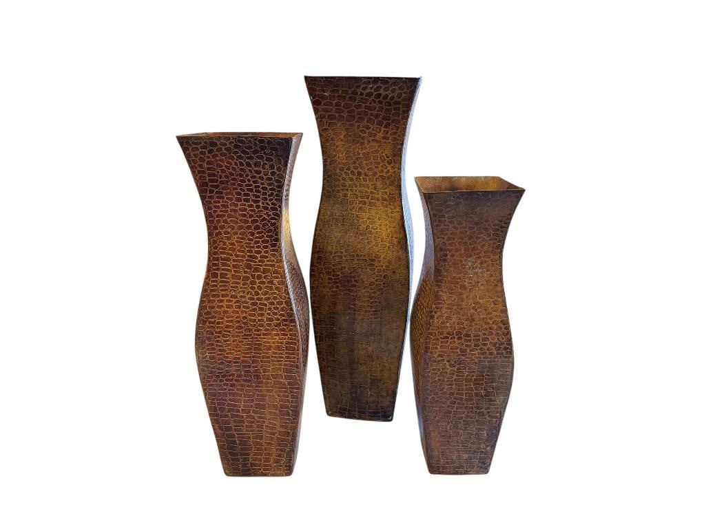 DECORATIVE METAL SQUARE VASES IN BROWN FINISH GRADUATING SIZES: MADE IN INDIA 12", 14", 16" H