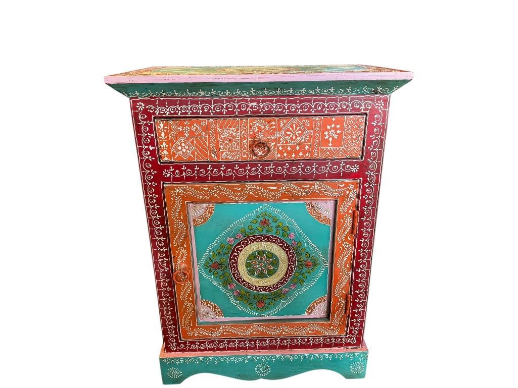 INDIAN FOLK ART STYLE BEDSIDE CABINET WITH FLORAL AND GEOMETRIC DESIGNS: SINGLE DRAWER WITH STORAGE BOTTOM, IN LIKE-NEW CONDITION ORIGINAL PRICE OF $129 20" X 13" X 17" 