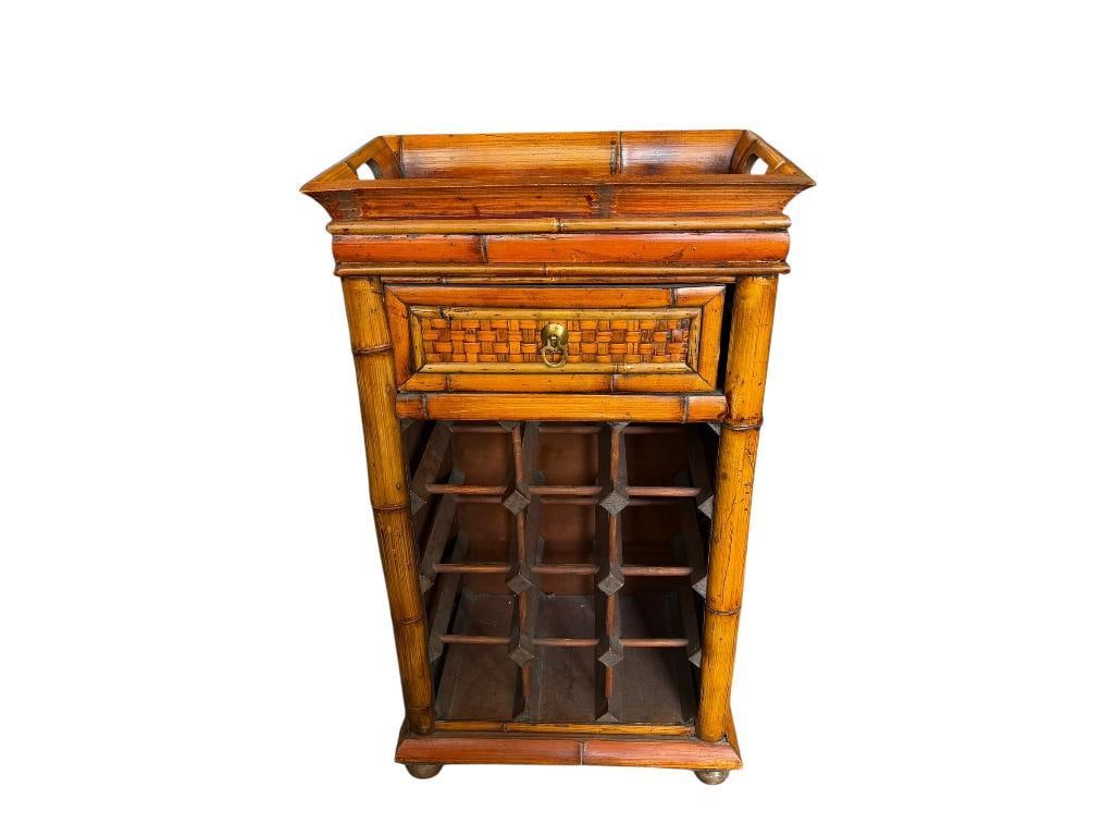 BAMBOO RATTAN WINE CABINET WITH TRAY STYLED TOP: HOLDS UP TO 12 BOTTLES WITH STORAGE DRAWER 17" X 10" X 29" 