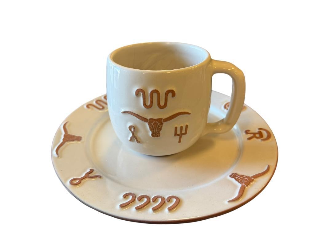 VINTAGE FRANKOMA BRONCS AND BRANDS DINNER PLATE AND COFFEE MUG WESTERN INSPIRED: CREAM AND BROWN RAISED DESIGN, COFFEE MUG SHOWS CRACKING ON THE INSIDE 10 1/2" PLATE, 4 1/2" MUG 