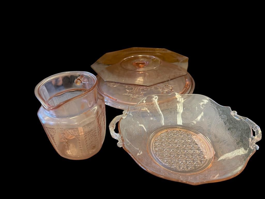PINK DEPRESSION ERA GLASSWARE ANCHOR HOCKING, LANCASTER, JEANETTE: ANCHOR HOCKING PRINCESS PITCHER, LANCASTER CANE BOWL, ETCHED PEDESTAL CAKE PLATE, AND JEANETTE SNOWFLAKE CAKE PLATE, NO CHIPS OR CRACKS 6" PITCHER, 10" BOWL, 11" AND 12 1/2" CAKE PLATES 