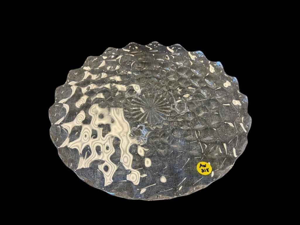 FOSTORIA AMERICAN CLEAR GLASS CUBIST PLATTER: THREE-FOOTED PLATTER, NO CRACKS OR CHIPS 12" ROUND