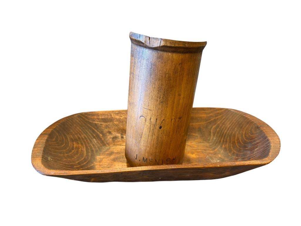 ANTIQUE WOODEN QUART J. MCNISH RAILROAD PITCHER AND CARVED OBLONG BOWL (1 of 20)