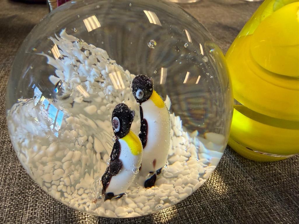 TWO HAND BLOWN ART GLASS PAPERWEIGHTS YELLOW SWIRL EGG PAPERWEIGHT AND PENGUIN PAPERWEIGHT - 2