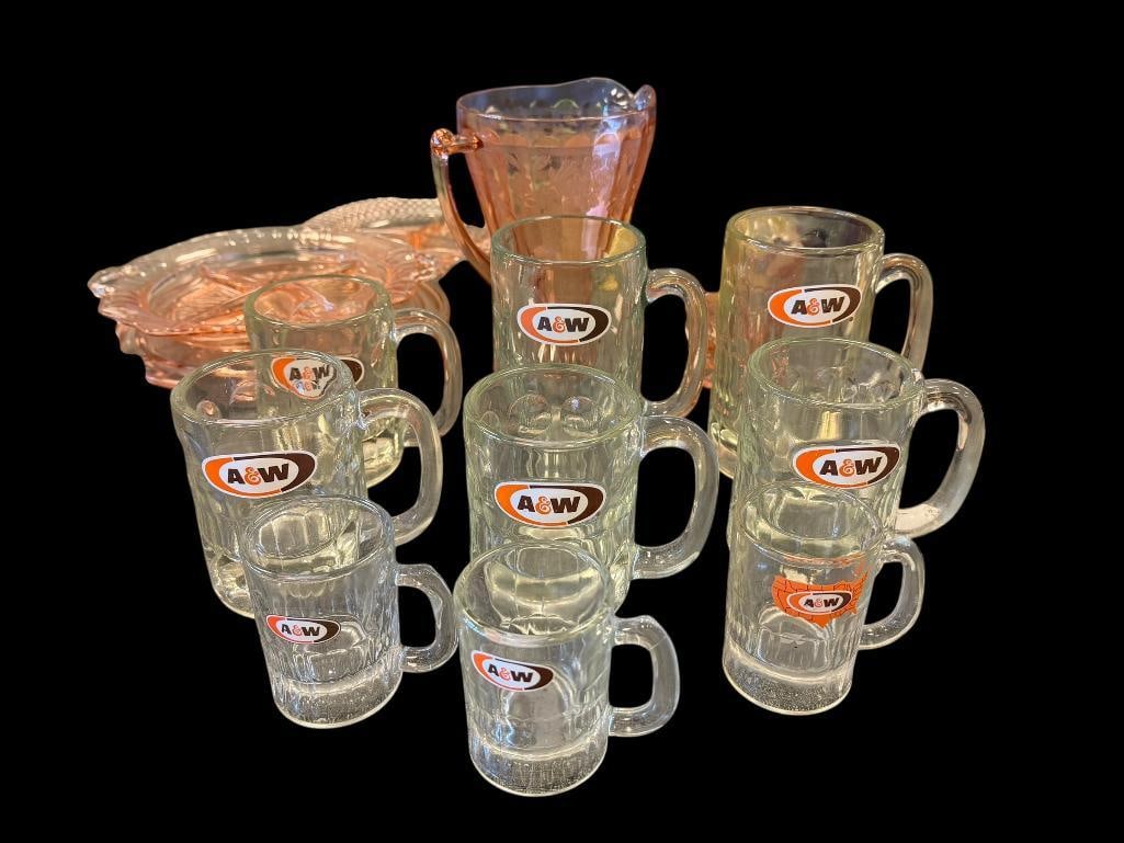 A&W ROOTBEER COLLECTIBLE GLASS MUGS DIMPLED DESIGN WITH CLASSIC LOGO: THICK GLASS HANDLED MUGS, VARIOUS SIZES 3 1/4" UP TO 6" H 