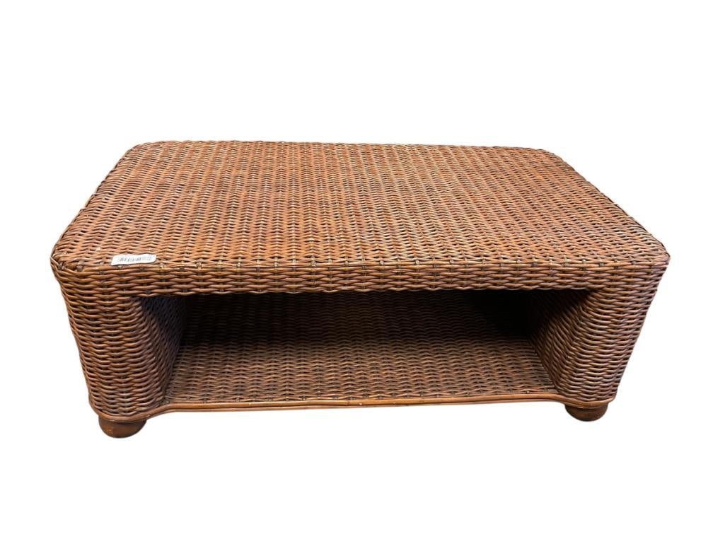 PALECEK DARK STAINED WICKER PATIO COFFEE TABLE: INCLUDES UNDER STORAGE SHELF, GOOD CONDITION 43" X 24" X 16" 