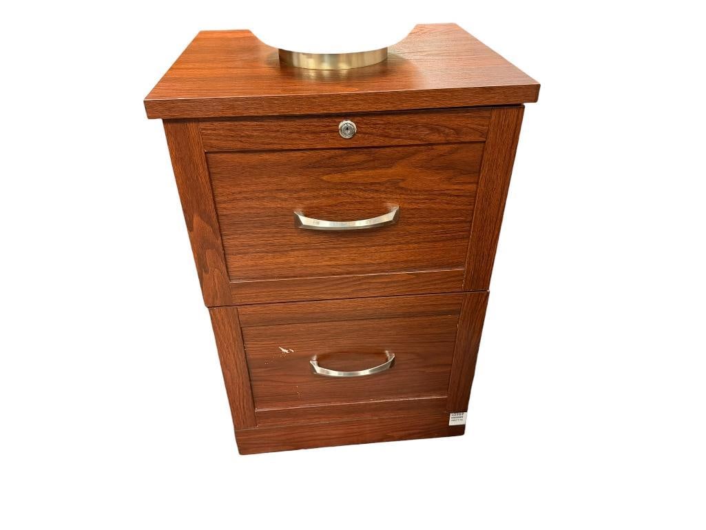 ELEGANT DARK STAINED PRESSED WOOD TWO DRAWER LEGAL FILING CABINET: LOCKABLE, WITH KEYS INCLUDED, GOOD CONDITION WITH MINOR FLAW IN WOOD 19" X 17" X 28" 