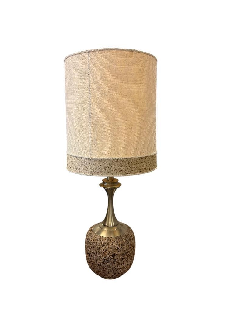 HONI CHILO STYLE MID-CENTURY MODERN TABLE LAMP WITH CORK BASE AND BRASS ACCENTS: TESTED +, GOOD CONDITION 11" BASE X 44" H 