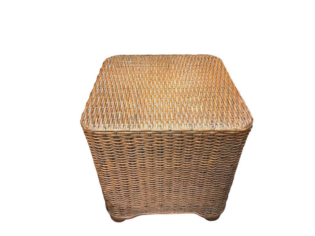 PALECEK STAINED WICKER SIDE TABLE: GOOD CONDITION 20" X 20" X 22" 