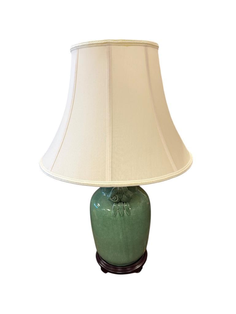 VINTAGE CHINESE STYLE CELADON GREEN GLAZED CERAMIC VASE WITH FIGURAL FRUIT HANDLES: GOOD CONDITION, TESTED +, NOT ACTUALLY VINTAGE JUST IN THE STYLE OF, BEIGE SHADE 28" H 