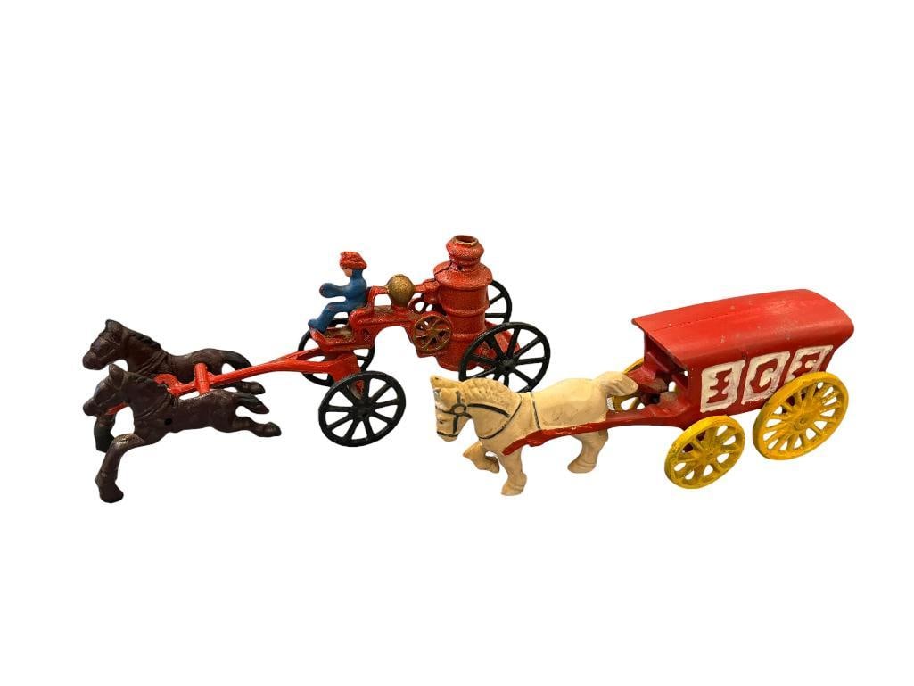 TWO ANTIQUE STYLE PAINTED CAST IRON HORSE DRAWN ICE TRUCK AND FIRE TRUCK TOYS: LARGEST IS 9 1/2" L 