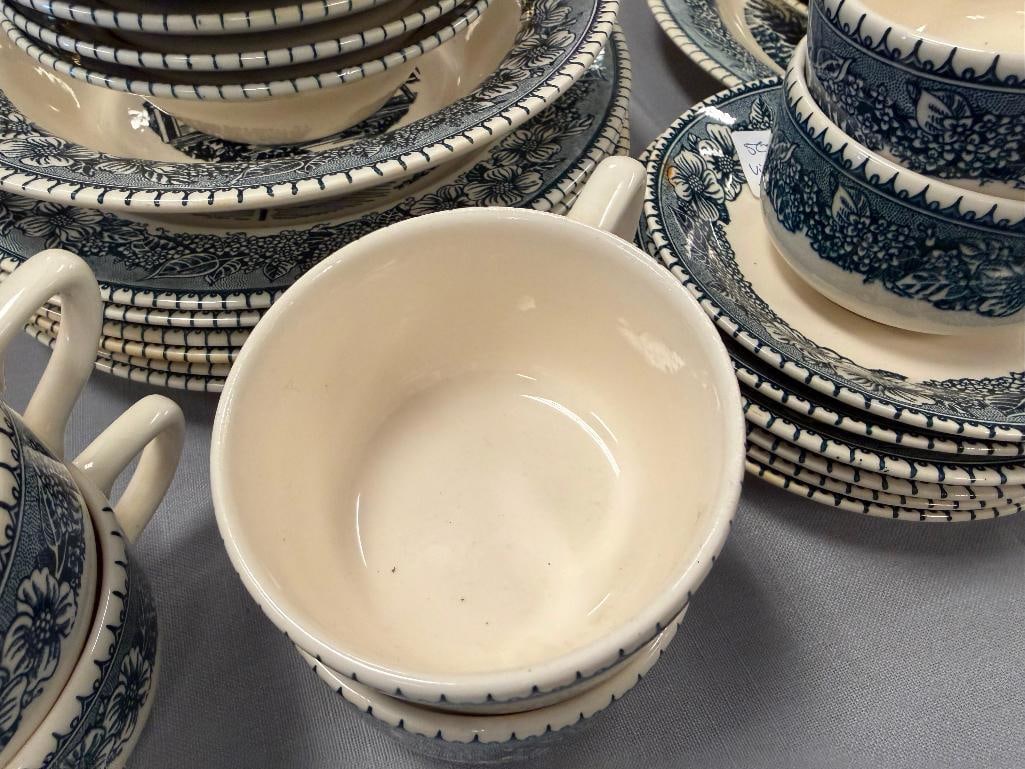 VINTAGE ROYAL CHINA CAVALIER IRONSTONE COLONIAL HERITAGE PATTERN FIVE PIECE SERVICE FOR SIX SET: INCLUDES FOUR ADDITIONAL SERVING PIECES, TOTAL OF 34 PIECES, NO CHIPS OR CRACKS LARGEST PLATE IS 12"