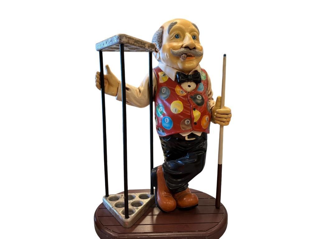 UNIQUE FOLK ART STYLE LUIGI WAITER BILLIARD PLAYER PULL CUE STAND: FEATURING VIBRANT COLORS AND COMICAL DESIGN, GOOD CONDITION, HOLDS SIX CUE STICKS 18" X 12" X 28" 
