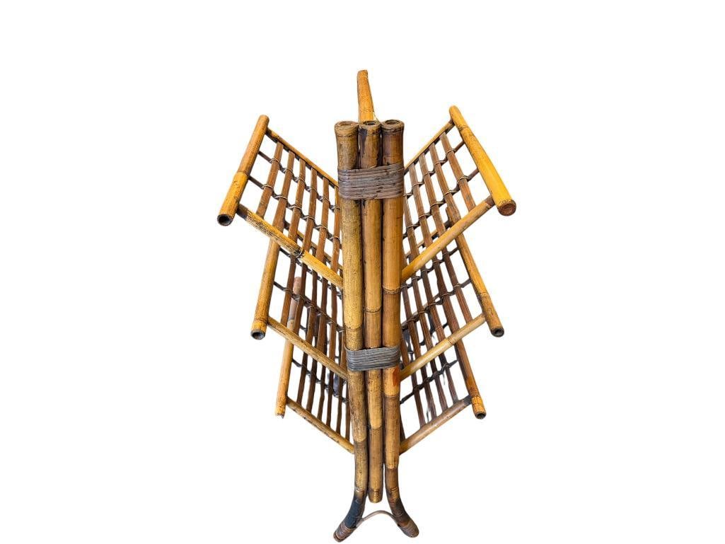 UNIQUE RATTAN BAMBOO FRAME STAINED COLLAPSIBLE ETAGERE FOLDING SHELF STAND: THREE TIER, GOOD CONDITION 16" X 18" X 38" WHEN OPENED 