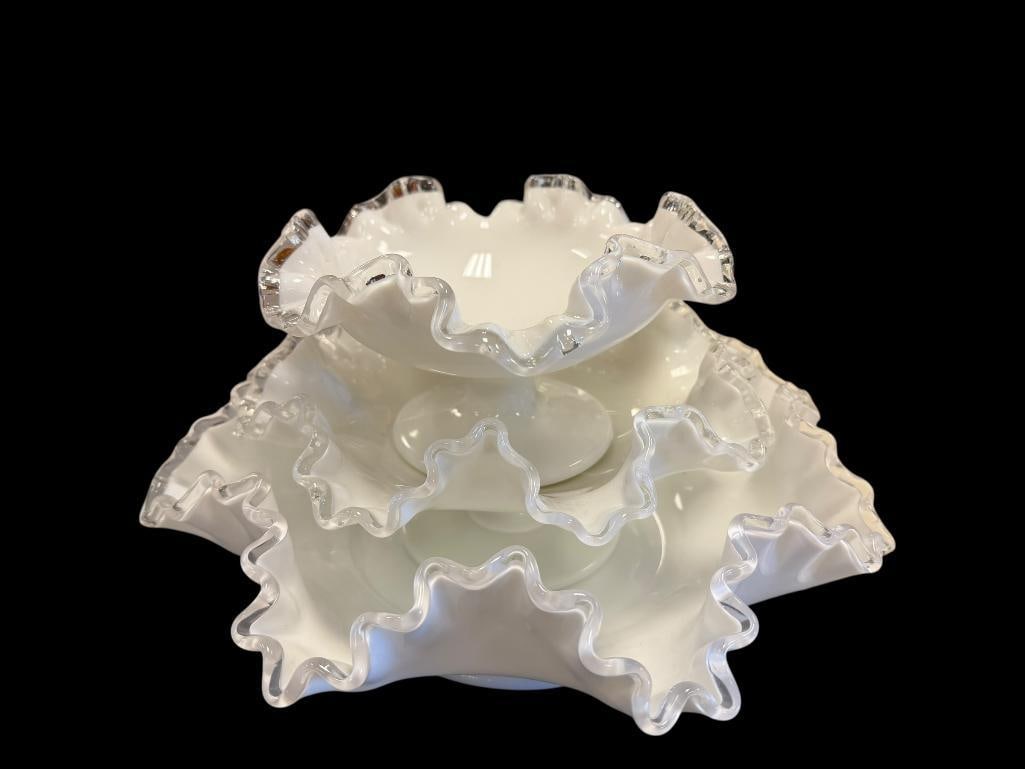 SET OF THREE FENTON SILVER CREST MILK GLASS FOOTED BOWLS WITH RUFFLED RIMS: NO CHIPS OR CRACKS LARGEST IS 12" 