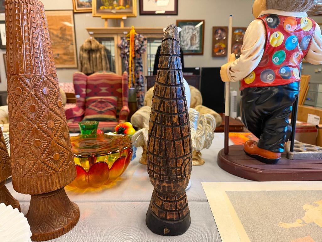 AFRICAN STYLE CARVED WOOD TRIBAL SCULPTURE FEATURING INTRICATE DOT BEAD DESIGN ON FACE - 10