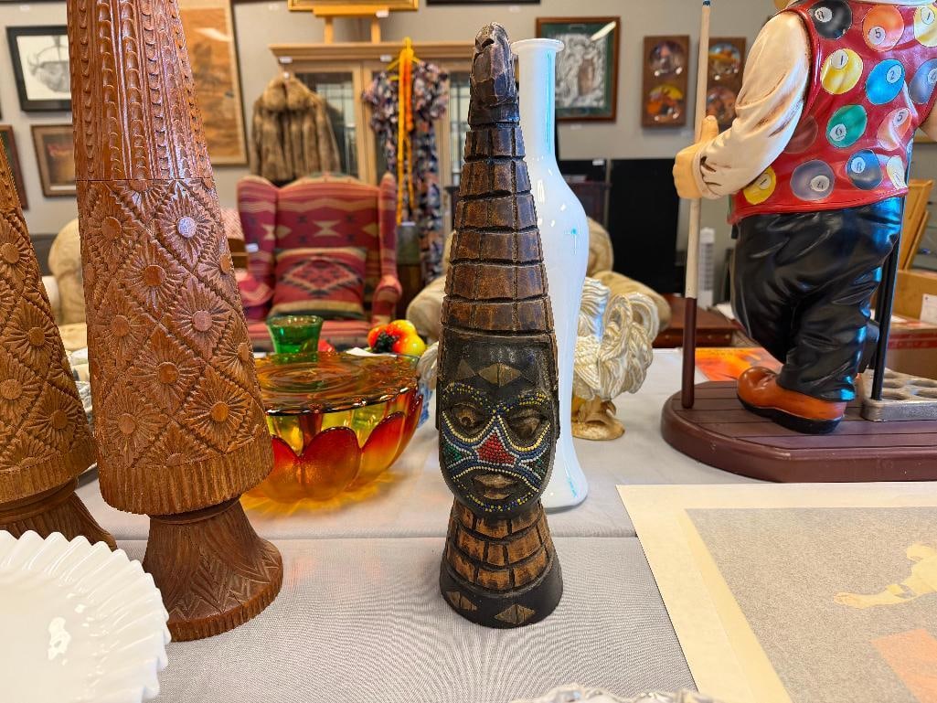 AFRICAN STYLE CARVED WOOD TRIBAL SCULPTURE FEATURING INTRICATE DOT BEAD DESIGN ON FACE - 2