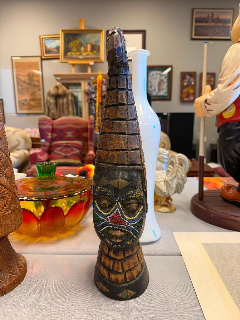 AFRICAN STYLE CARVED WOOD TRIBAL SCULPTURE FEATURING INTRICATE DOT BEAD DESIGN ON FACE - 3