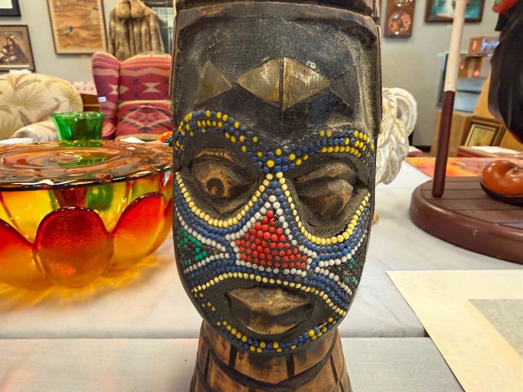 AFRICAN STYLE CARVED WOOD TRIBAL SCULPTURE FEATURING INTRICATE DOT BEAD DESIGN ON FACE - 4
