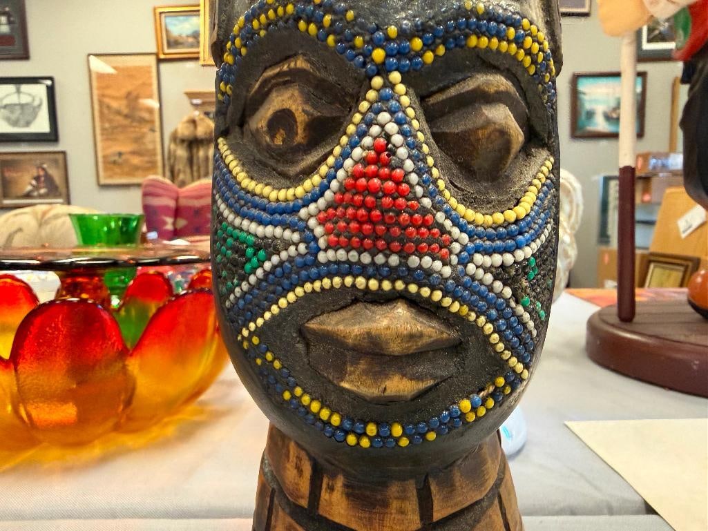 AFRICAN STYLE CARVED WOOD TRIBAL SCULPTURE FEATURING INTRICATE DOT BEAD DESIGN ON FACE - 5