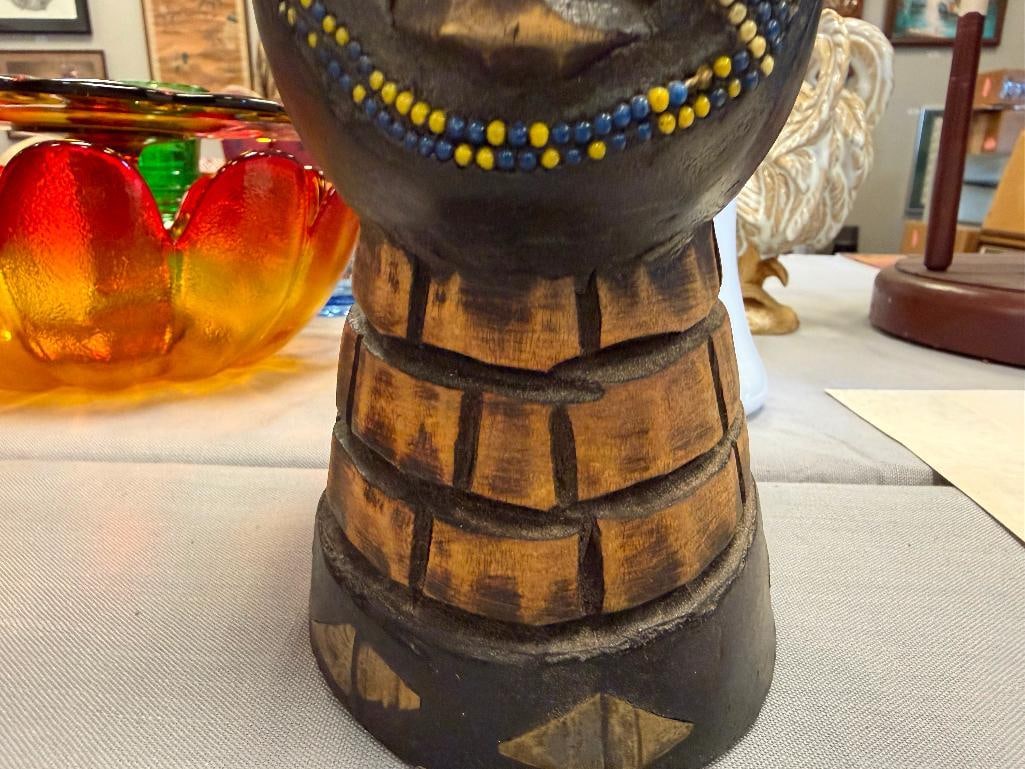 AFRICAN STYLE CARVED WOOD TRIBAL SCULPTURE FEATURING INTRICATE DOT BEAD DESIGN ON FACE - 6