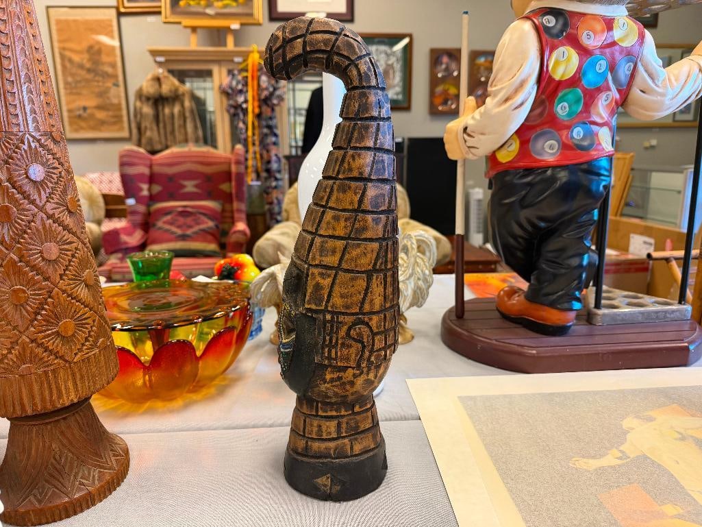 AFRICAN STYLE CARVED WOOD TRIBAL SCULPTURE FEATURING INTRICATE DOT BEAD DESIGN ON FACE - 7