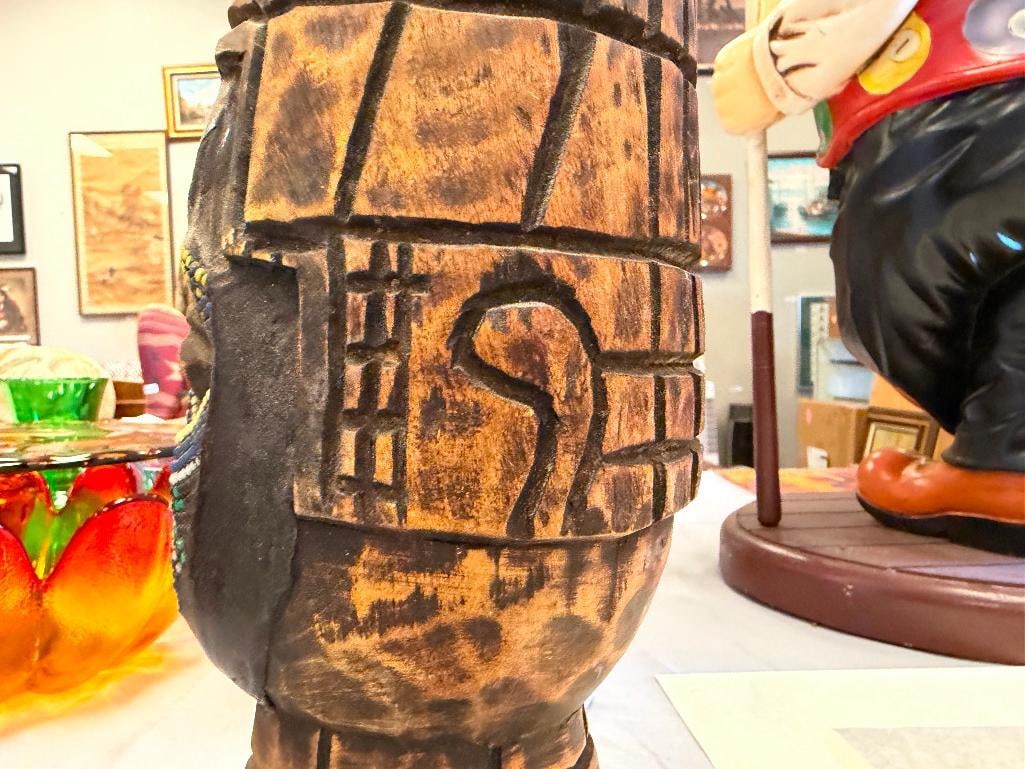 AFRICAN STYLE CARVED WOOD TRIBAL SCULPTURE FEATURING INTRICATE DOT BEAD DESIGN ON FACE - 8