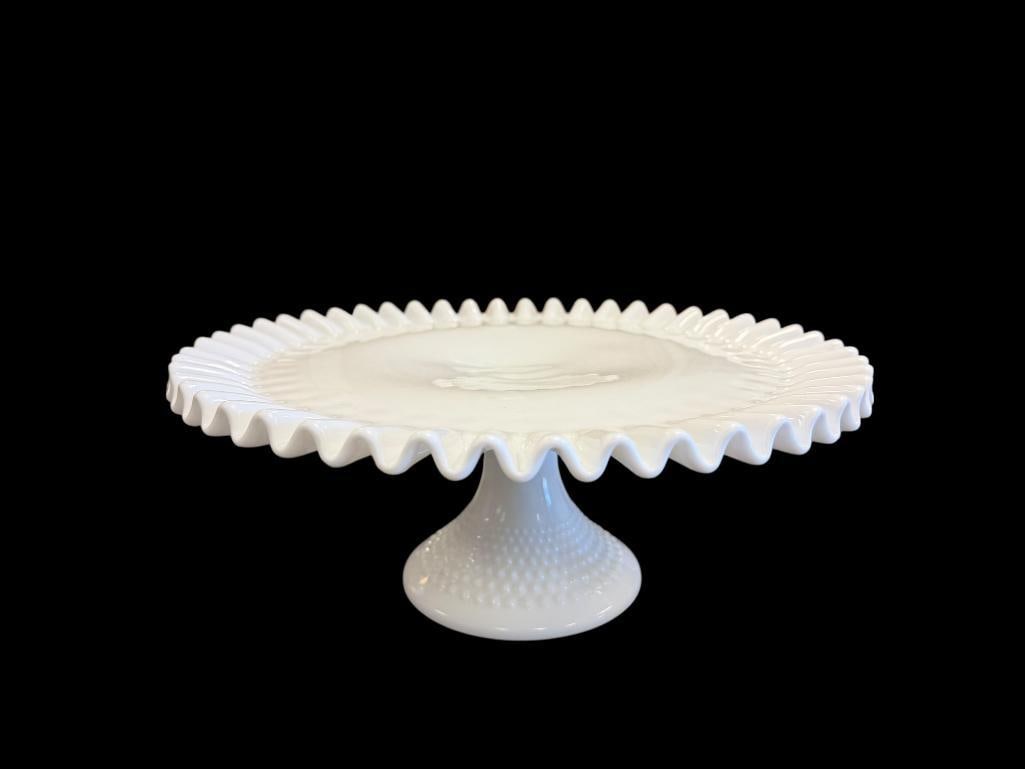 VINTAGE FENTON HOBNAIL MILK GLASS CAKE PLATE STAND: MARKED ON BOTTOM, NO CHIPS OR CRACKS 12 1/2" X 5" 