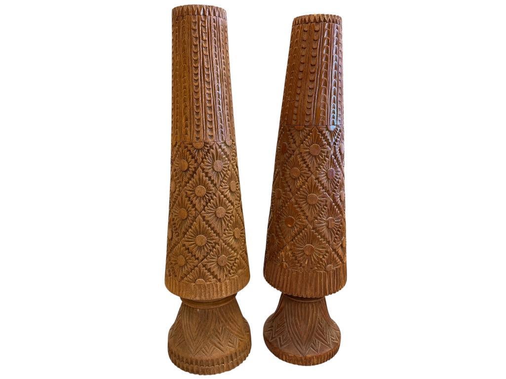 PAIR OF VINTAGE HAND TURNED CARVED TEAK WOOD VASES: FEATURING CARVED SUNFLOWER LIKE DESIGN AND GEOMETRIC PATTERNS, GOOD CONDITION 20" H 