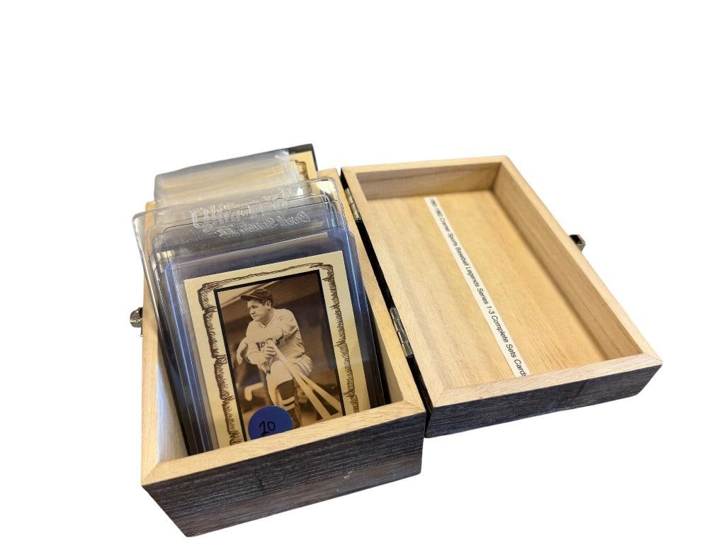 1980 - 1982 CRAMER SPORTS BASEBALL LEGENDS SERIES 1-3 COMPLETE SET: INCLUDES CARDS # 1 - 90, IN PRESSED WOOD DISPLAY BOX, INCLUDES LEGENDS OF THE GAME LIKE BABE RUTH, MICKEY MANTLE, HONUS WAGNER, AND MORE, ALL IN PROTECTIVE SLEEVES 