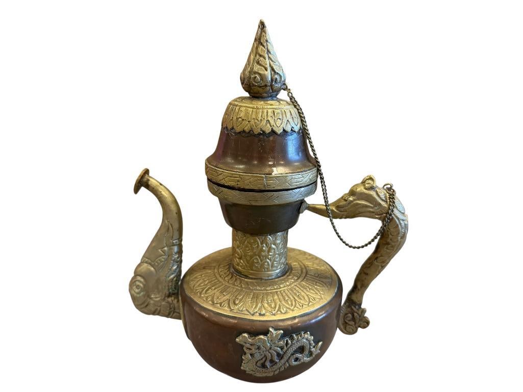 VINTAGE TIBETAN TEAPOT CRAFTED FROM COPPER AND BRASS FEATURING DECORATIVE DRAGON DESIGN: GOOD CONDITION 9 1/2" H 