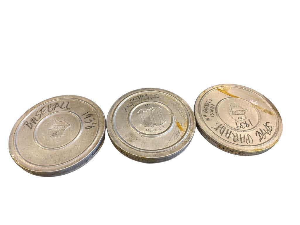 THREE 8M REELS FROM THE 1930'S INCLUDING 1938 BASEBALL, 1939 SPORTS, AND WESTERN SHORTS #2 H. GIB...: ALL IN TIN CASES 