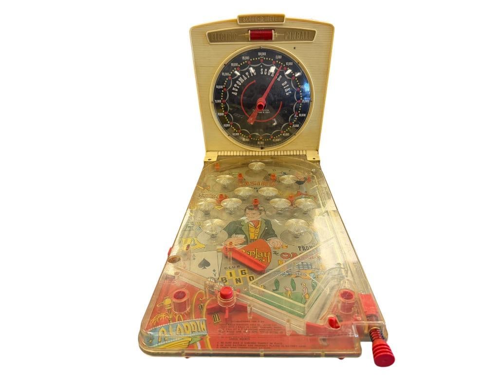 VINTAGE 1970'S MARX TOYS SCORE-O-MATIC ELECTRIC PINBALL VEGAS CASINO THEME TABLETOP MACHINE: SHOWS SOME SIGNS OF AGE BUT STILL FUNCTIONAL, DOES NOT SEEM TO POWER ON 13" X 27" X 19" 
